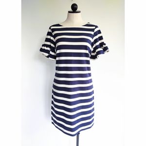 Sail To Sable Striped Nautical Dress Navy Blue & Ivory Ruffle Sleeves Size Small